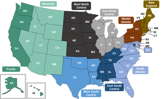 Figure 1 is a color-coded map illustrating the nine U.S. census divisions across the four U.S. census regions.