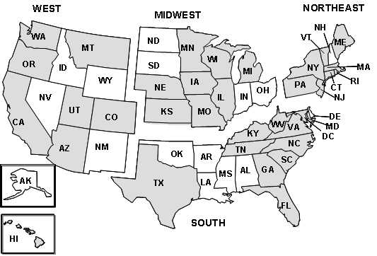 Figure 2: Map of United States of America broken into different regions