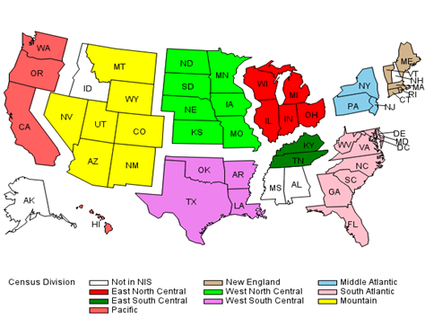 2014 map of U.S. showing census divisions of the HCUP NIS