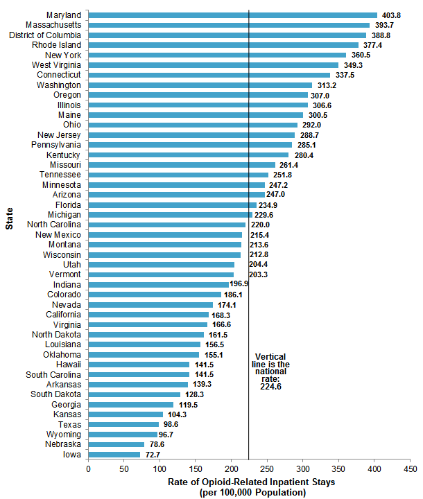 Figure 2 is a bar chart illustrating the rate of opioid-related inpatient stays per 100,000 population by State.