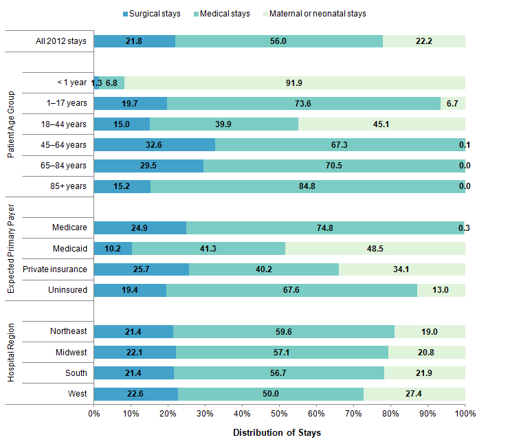 Figure 1 is a bar chart illustrating how hospital stays are distributed among surgical, medical, and material or neonatal stays. This distribution is split out by age group, by insurance payer, and by hospital region.