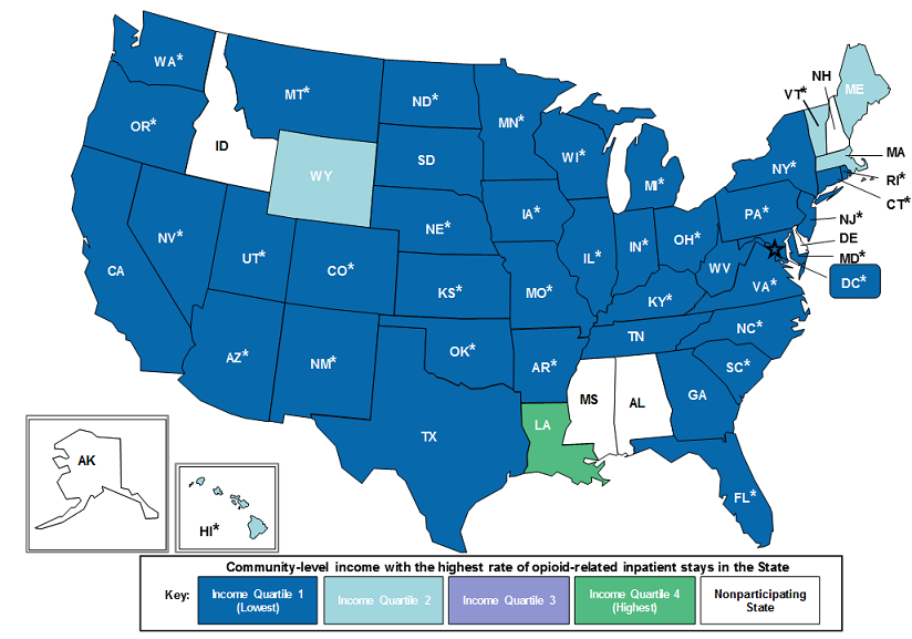 Figure 5 is a map of the United States illustrating each state community-level income with the highest rate of opioid-related inpatient stays in 2014.