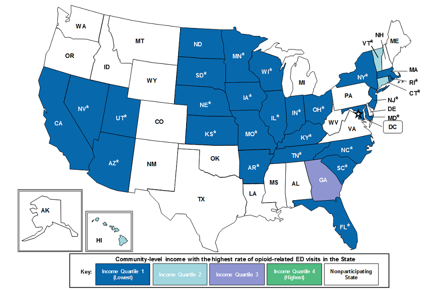 Figure 6 is a map of the United States illustrating each state community-level income with the highest rate of opioid-related emergency department visits in 2014.