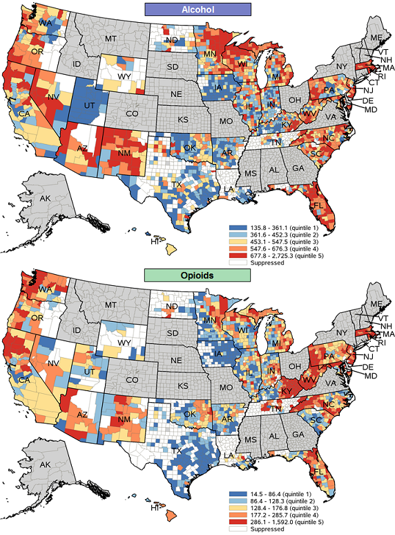 Figure 5 is two color-coded maps illustrating the county-level rates per 100,000 population for alcohol- and opioid-related inpatient stays from 2013 to 2015 for 31 States.