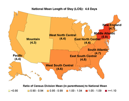 Figure 2 is three maps of the United States illustrating the rate of inpatient stays per 1,000 population, the mean cost per stay, and the mean length of stay in each U.S. census division in 2016. The maps are color coded to show ratios to the census division mean.