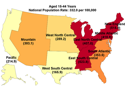 Figure 7 is three maps, one for each age group, illustrating the population rate per 100,000 of opioid-related inpatient stays among women by census division in 2016. The maps are color coded to show the ratio of the census division rate to the national rate.