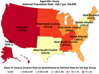 Figure 7 is three maps, one for each age group, illustrating the population rate per 100,000 of opioid-related inpatient stays among women by census division in 2016. The maps are color coded to show the ratio of the census division rate to the national rate.