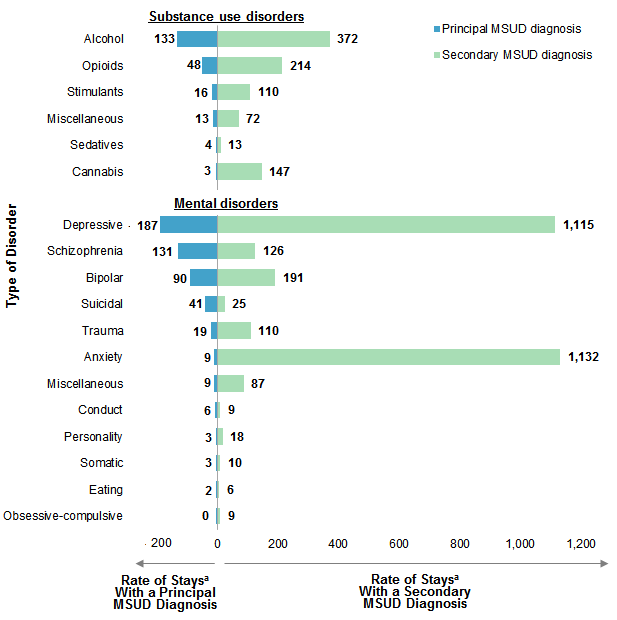 Figure 2 is a bar chart illustrating the rate of stays for mental and/or substance use disorders in 2016 by principal and secondary diagnosis. Data are provided in Supplemental Table 2.