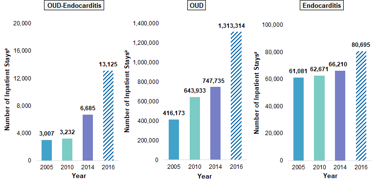 Figure 1 is a bar chart that illustrates the number of inpatient stays related to opioid use disorder and endocarditis, opioid use disorder only, and endocarditis only from 2005 to 2016. Data are provided in Supplemental Table 1.