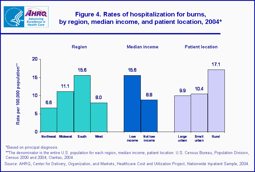 Figure 4. Bar chart showing rates of hospitalization for burns, by region, median income, and patient lcoation, 2004