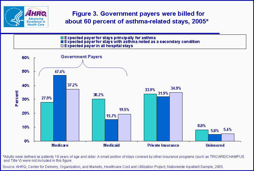 Figure 3. Government payers were billed for about 60 percent of asthma-related stays, 2005